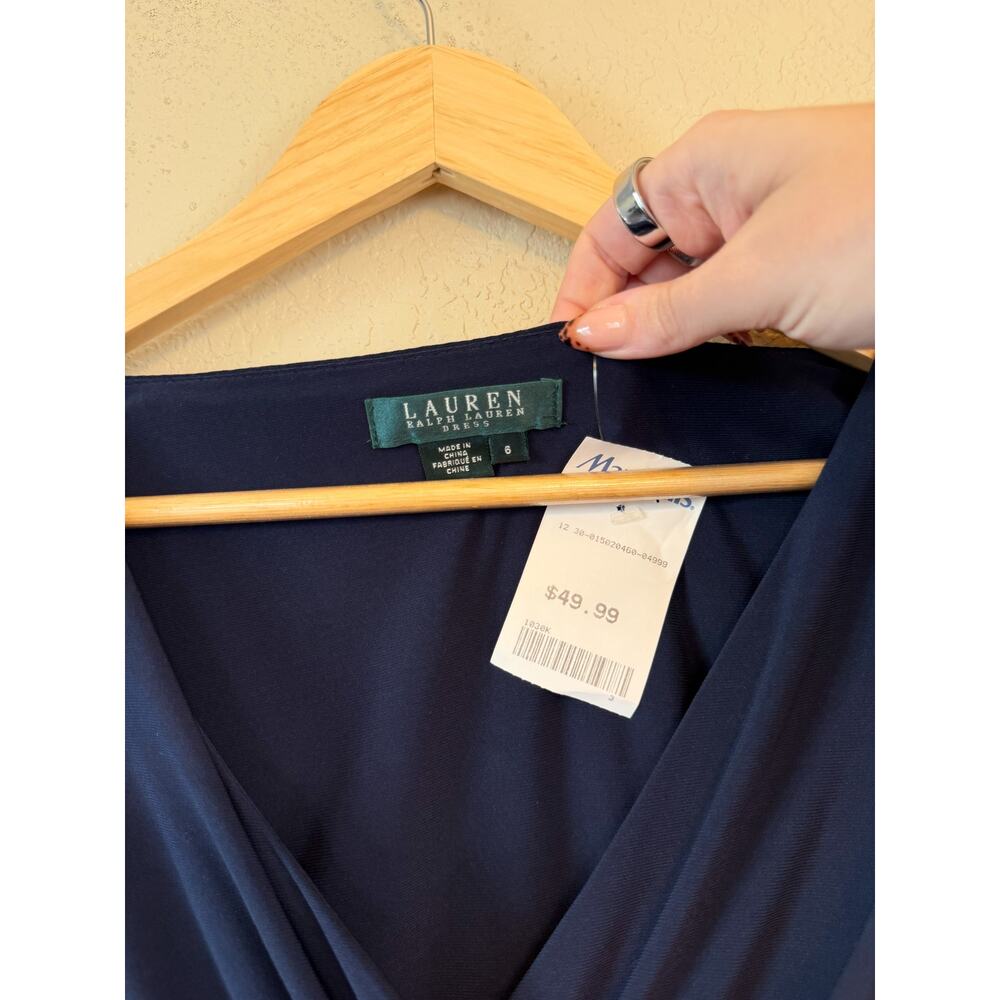 NEW Lauren Ralph Lauren Navy Ruched V Neck Midi Dress size 6 Modest - Picture 5 of 7